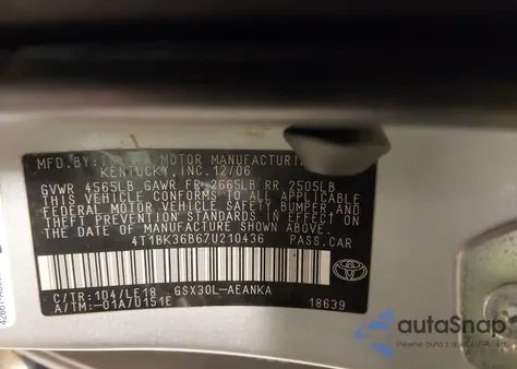 2007 Toyota Avalon Touring z USA, uszkodzony, nr VIN 4T1BK36B67U210436